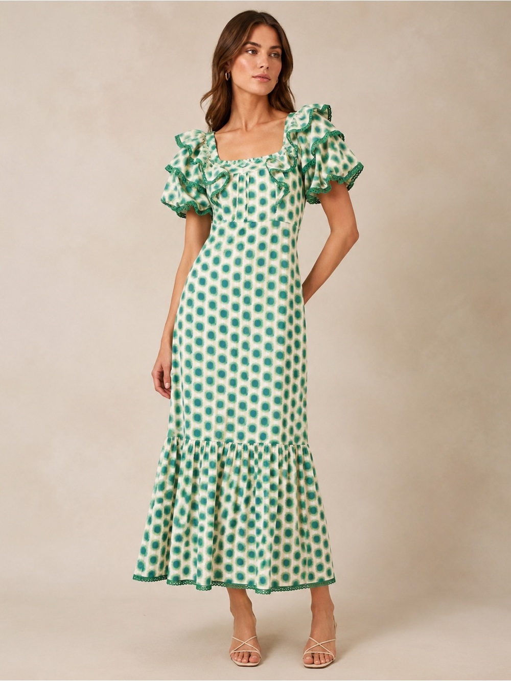 Green Polka Dot Ruffle-Sleeve Maxi Dress